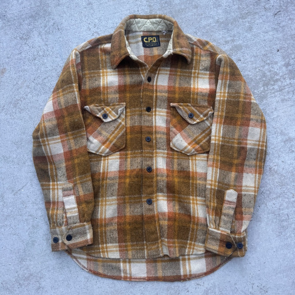 Vintage 50s 60s C.P.O. Wool Blend Plaid Shirt Jacket Brown Orange Men L Korea